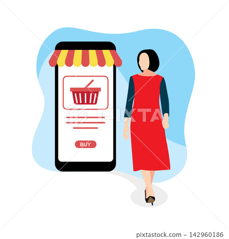 Online shopping concept. Woman with a shopping cart on the smartphone screen. Vector illustration in flat style Online shopping concept. Woman with a shopping cart on the smartphone screen. Vector illustration in flat style 142960186