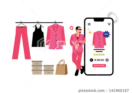 Vector illustration of online shopping. A man in a suit chooses clothes on a smartphone. Vector illustration of online shopping. A man in a suit chooses clothes on a smartphone. 142960187