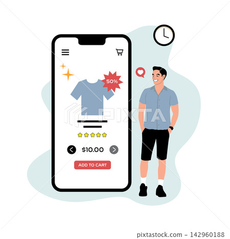 Vector illustration of smartphone screen with man standing in front of it and holding t-shirt Vector illustration of smartphone screen with man standing in front of it and holding t-shirt 142960188