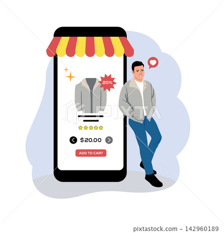 Online shopping concept. Vector illustration in flat style. Man buying clothes online. Online shopping concept. Vector illustration in flat style. Man buying clothes online. 142960189
