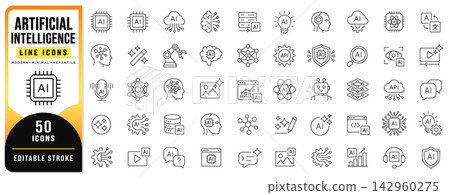 Artificial Intelligence Line Icon Set Featuring 50 Editable Stroke Vector Symbols For Machine Learning, Robotics, Neural Networks, Automation, Computing, Digital Technology, Data And Innovation. 142960275