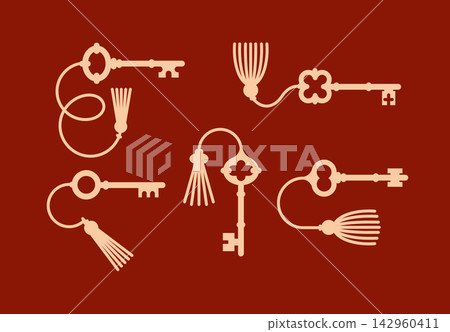 Door keys vintage style with tassel red Door keys vintage style with tassel red 142960411