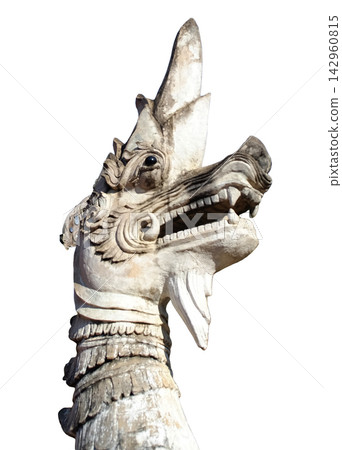 Beautiful white Naga statue and ancient stucco art of Buddhist in Thailand isolated on white background with clipping path. Vertical Photo Beautiful white Naga statue and ancient stucco art of Buddhist in Thailand isolated on white background with clipping path. Vertical Photo 142960815