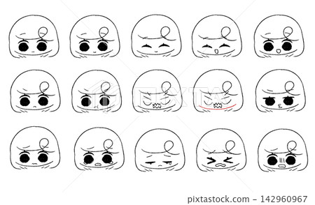 Line art illustrations of a black-haired girl with 15 different facial expressions. 142960967