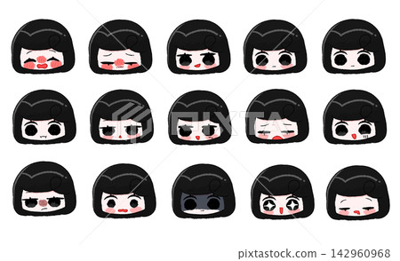 Illustrations of a black-haired girl with 15 different colored facial expressions. Illustrations of a black-haired girl with 15 different colored facial expressions. 142960968
