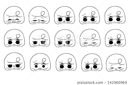 Simple line art illustrations of a black-haired girl with 15 different facial expressions. Simple line art illustrations of a black-haired girl with 15 different facial expressions. 142960969