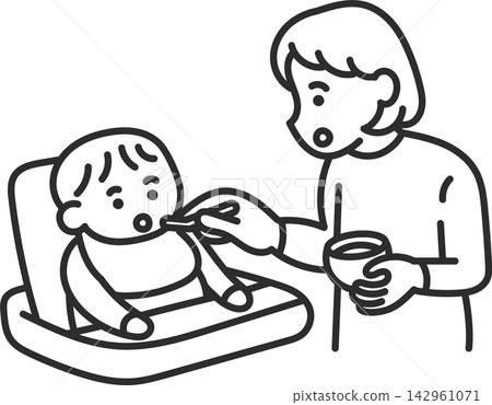 母親給嬰兒餵食固體食物的插圖(僅線條畫)。 母親給嬰兒餵食固體食物的插圖(僅線條畫)。 142961071