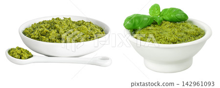 Pesto sauce in ceramic bowl isolated on white background Pesto sauce in ceramic bowl isolated on white background 142961093