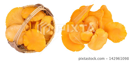 Chanterelle mushrooms in a wicker basket isolated on a white background. Top view. Flat lay Chanterelle mushrooms in a wicker basket isolated on a white background. Top view. Flat lay 142961098