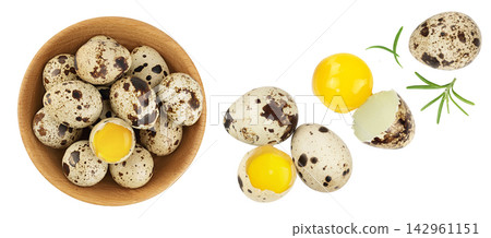Raw quail egg in wooden bowl isolated on white background with full depth of field. Top view. Flat lay Raw quail egg in wooden bowl isolated on white background with full depth of field. Top view. Flat lay 142961151
