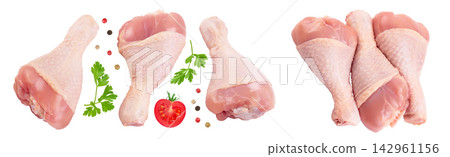 Raw chicken leg or drumstick isolated on white background with full depth of field. Top view. Flat lay Raw chicken leg or drumstick isolated on white background with full depth of field. Top view. Flat lay 142961156