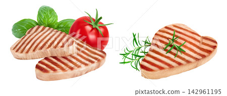 Tuna fish steak grilled isolated on white background full depth of field Tuna fish steak grilled isolated on white background full depth of field 142961195