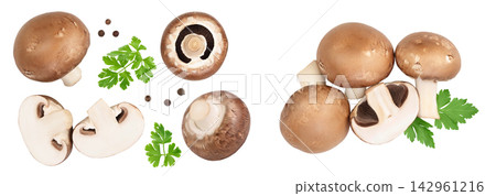 Royal Brown champignon with leaf parsley isolated on white background . Top view with copy space for your text. Flat lay Royal Brown champignon with leaf parsley isolated on white background . Top view with copy space for your text. Flat lay 142961216
