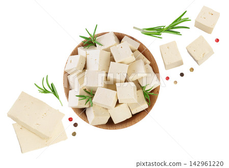 tofu cheese in wooden bowl isolated on white background with full depth of field, Top view. Flat lay tofu cheese in wooden bowl isolated on white background with full depth of field, Top view. Flat lay 142961220