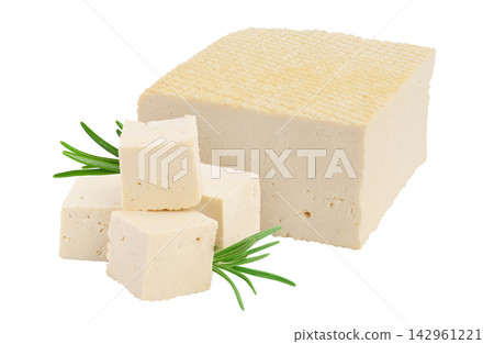 Heap of diced tofu cheese isolated on white background with full depth of field, 142961221