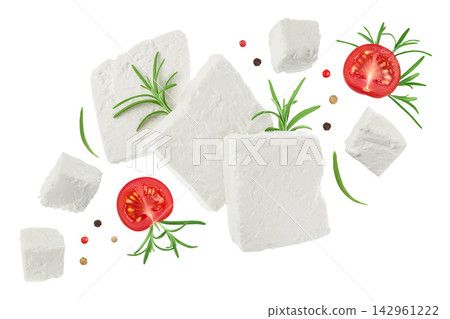 Feta cheese isolated on white background. With full depth of field. Top view. Flat lay Feta cheese isolated on white background. With full depth of field. Top view. Flat lay 142961222