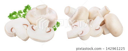 Fresh mushrooms champignon and half isolated on white background Fresh mushrooms champignon and half isolated on white background 142961225