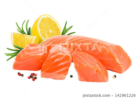 raw salmon piece cube isolated on white background close up raw salmon piece cube isolated on white background close up 142961226