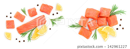 Slice of salmon with rosemary and lemon isolated on white. Top view. Flat lay ,copyspace for text Slice of salmon with rosemary and lemon isolated on white. Top view. Flat lay ,copyspace for text 142961227