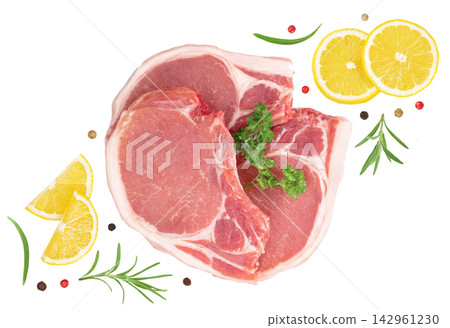 sliced raw pork meat with parsley isolated on white background. Top view. Flat lay sliced raw pork meat with parsley isolated on white background. Top view. Flat lay 142961230