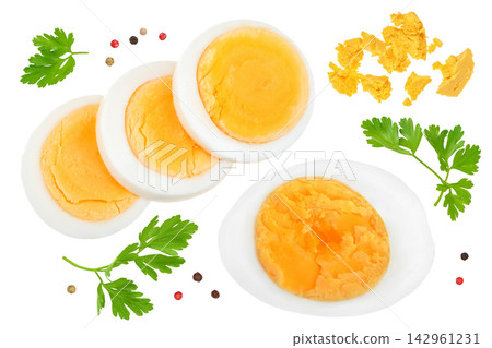 boiled egg slice isolated on white background boiled egg slice isolated on white background 142961231