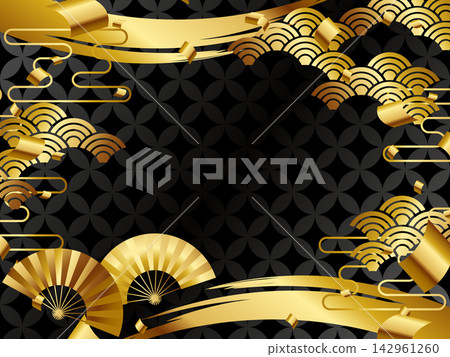 A luxurious fan with a Shippo (seven treasures) pattern background; horizontal orientation; black and gold. A luxurious fan with a Shippo (seven treasures) pattern background; horizontal orientation; black and gold. 142961260