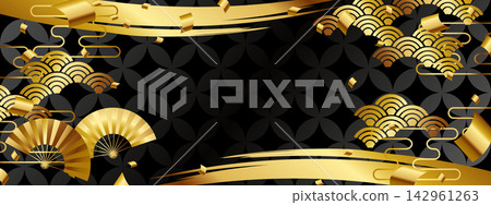 A luxurious fan with a Shippo (seven treasures) pattern background - horizontal banner in black and gold. A luxurious fan with a Shippo (seven treasures) pattern background - horizontal banner in black and gold. 142961263