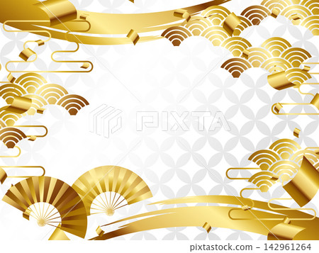 A luxurious fan with a Shippo (seven treasures) pattern background; horizontal orientation; white and gold. 142961264
