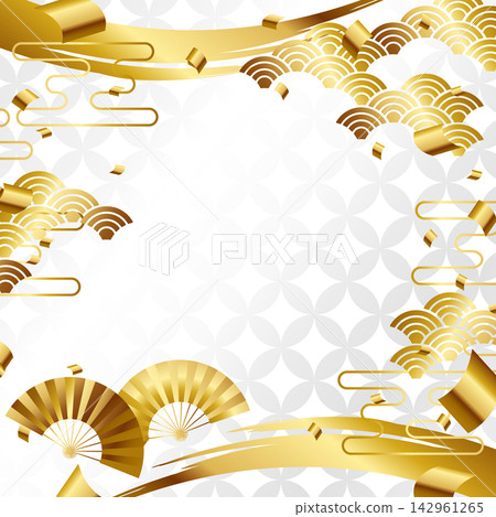 A luxurious fan with a Shippo (seven treasures) pattern background; square shape; white and gold. A luxurious fan with a Shippo (seven treasures) pattern background; square shape; white and gold. 142961265