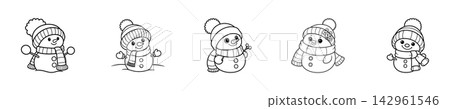 Vector line drawing of cartoon snowmen for children's coloring 142961546