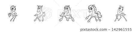 Vector line drawing of cartoon funny horses for children's coloring Vector line drawing of cartoon funny horses for children's coloring 142961555