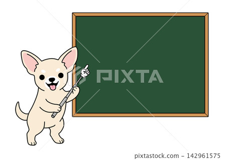 An illustration of a chihuahua holding a pointer stick and pointing at a blackboard (instruction/explanation) 142961575