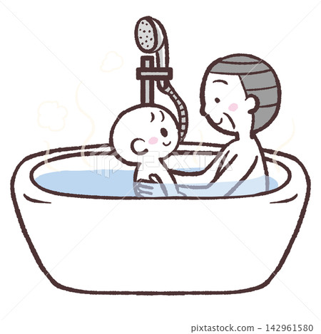 An illustration of a senior man bathing a baby. An illustration of a senior man bathing a baby. 142961580
