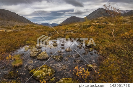 Eco-Tourism Concept with Clear Mountain Pond in Tundra Valley 142961758