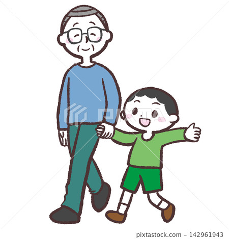 An illustration of a boy and a senior man holding hands. An illustration of a boy and a senior man holding hands. 142961943