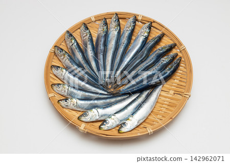 沙丁魚醃製過夜後,擺放在篩子上風乾。 沙丁魚醃製過夜後,擺放在篩子上風乾。 142962071