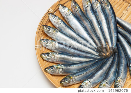 Sardines arranged on a sieve, after being salted for overnight drying. Sardines arranged on a sieve, after being salted for overnight drying. 142962076