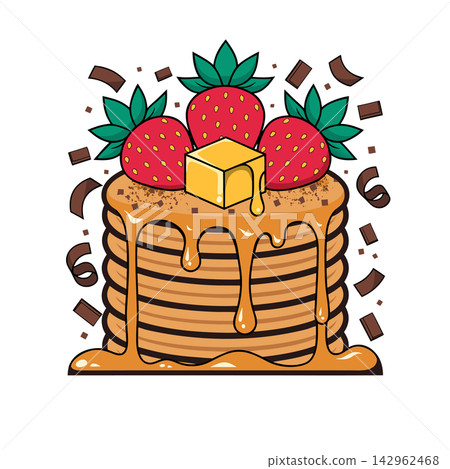 This is a colorful cartoon illustration of a tall stack of pancakes topped with dripping syrup, a pat of melting butter, and three fresh strawberri 142962468
