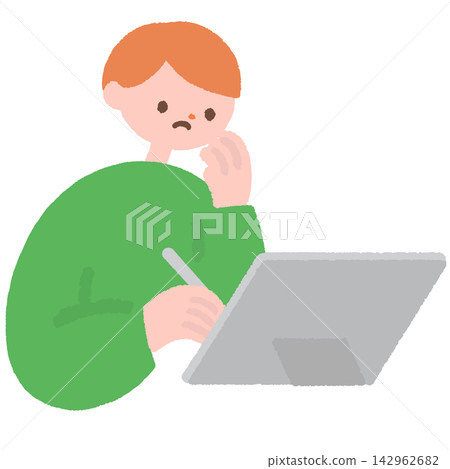 An illustration of a man struggling with work on a tablet. An illustration of a man struggling with work on a tablet. 142962682