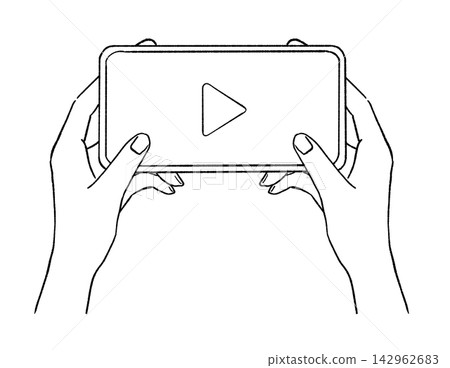 A line drawing of hands watching a video on a smartphone held horizontally. A line drawing of hands watching a video on a smartphone held horizontally. 142962683