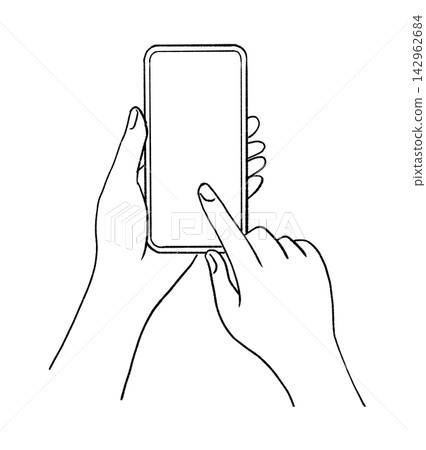 A line drawing illustration of a hand tapping a smartphone screen. A line drawing illustration of a hand tapping a smartphone screen. 142962684