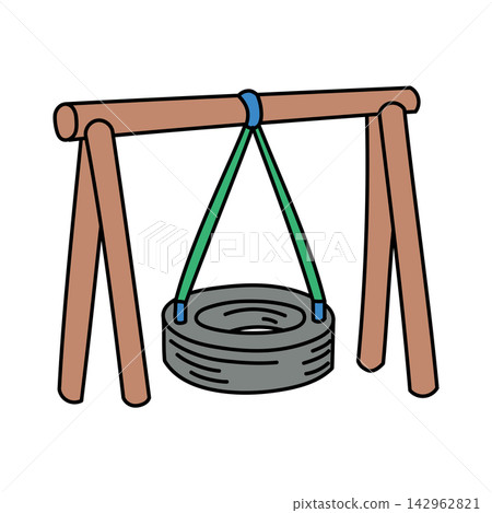 Tire swing suspended from a wooden frame | Playground equipment, tires, ropes Tire swing suspended from a wooden frame | Playground equipment, tires, ropes 142962821