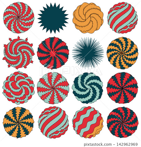 The image shows a set of 16 abstract circular and geometric vector shapes featuring zigzag patterns and optical illusions The image shows a set of 16 abstract circular and geometric vector shapes featuring zigzag patterns and optical illusions 142962969