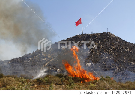 Red raging flame of fire burn in grass fields, forests and black and white smoke to sky. Big wildfire close-up. pollution in air concept. Red raging flame of fire burn in grass fields, forests and black and white smoke to sky. Big wildfire close-up. pollution in air concept. 142962971