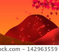 Autumn landscape illustration featuring mountains shining in the setting sun and falling maple leaves (background material) 142963559