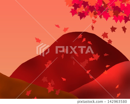 Autumn landscape illustration featuring mountains shining in the setting sun and falling maple leaves (vermilion background material) Autumn landscape illustration featuring mountains shining in the setting sun and falling maple leaves (vermilion background material) 142963580