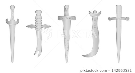Metallic Medieval forked and usual swords, shiny silver icon set. Monochrome glossy steel vector collection Metallic Medieval forked and usual swords, shiny silver icon set. Monochrome glossy steel vector collection 142963581