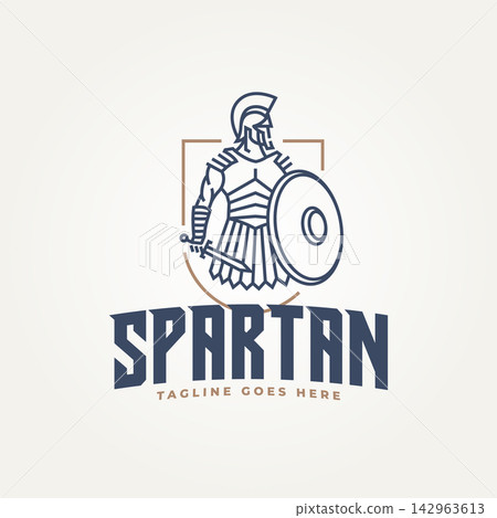 minimalist spartan warrior with sword and shield line art icon emblem logo vector illustration design 142963613