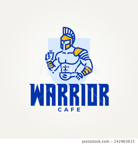 minimalist a warrior holding a coffee line art icon logo vector illustration design. simple modern cafe and restaurant logo concept minimalist a warrior holding a coffee line art icon logo vector illustration design. simple modern cafe and restaurant logo concept 142963615