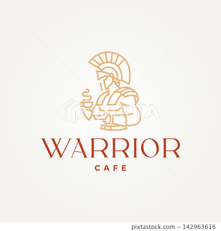 minimalist warrior cafe line art icon logo vector illustration design. simple modern warrior holding a coffee logo concept minimalist warrior cafe line art icon logo vector illustration design. simple modern warrior holding a coffee logo concept 142963616